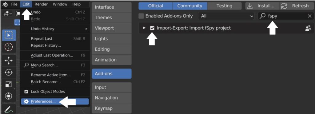 Steps to install the fSpy Addon in Blender.