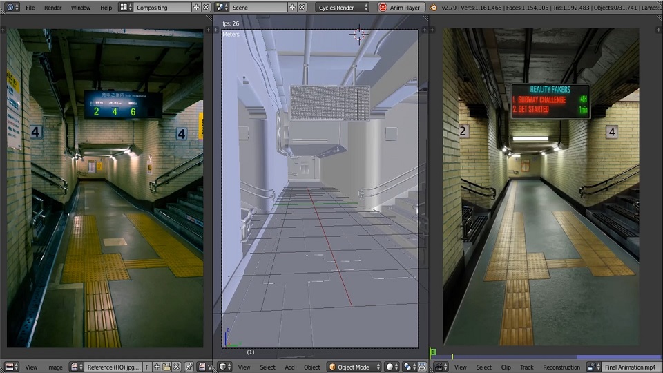 Comparison of reference image, solid render, and final render of a subway in Blender showing scale matching.