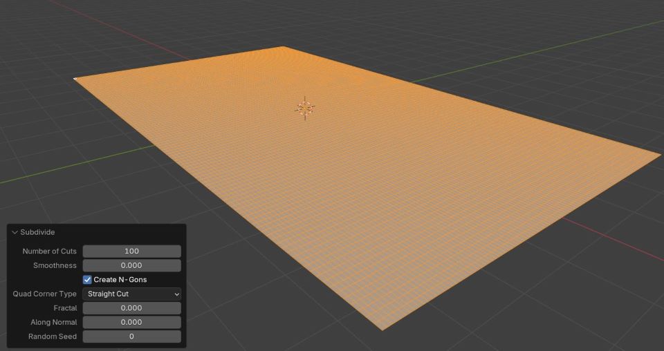 Subdivided plane in Blender's Edit Mode with subdivision settings highlighted.